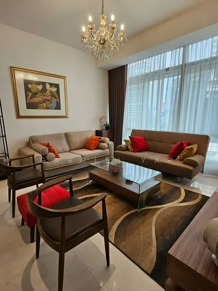 Living features: 3-seater fabric sofa in beige, 2-seater fabric sofa in brown, glass coffee table, chandelier with multiple bulbs, area rug with abstract pattern, floor-to-ceiling windows with sheer curtains, framed artwork on wall, decorative cushions in red and orange, wooden side table, wooden armchairs with black finish; style: contemporary; view: city.