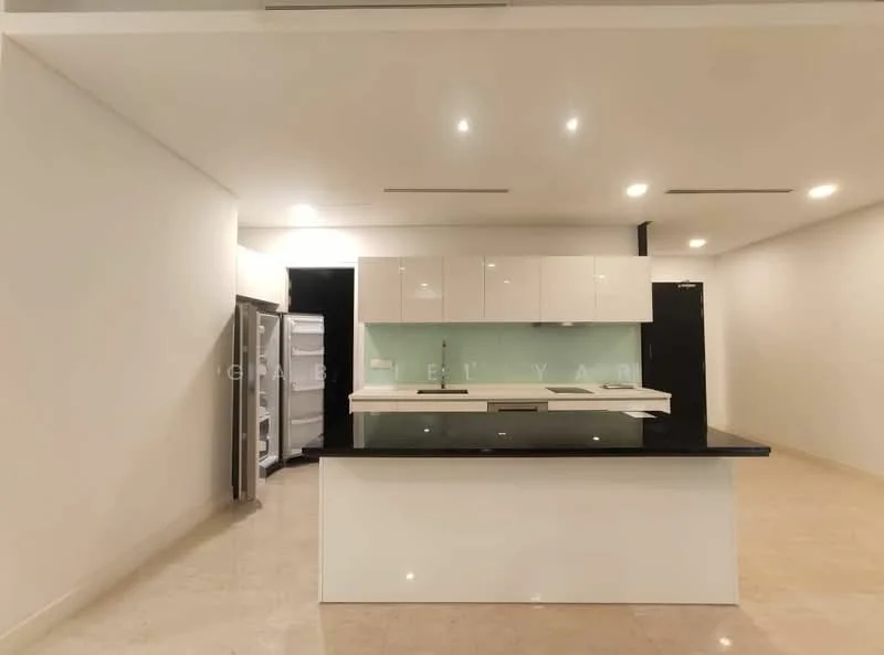 Kitchen features: white glossy cabinetry, black granite countertop, stainless-steel fridge, built-in oven, ceramic cooktop, glass backsplash, recessed downlights, marble tile flooring, island with seating, open layout, modern design, neutral wall color; style: modern.