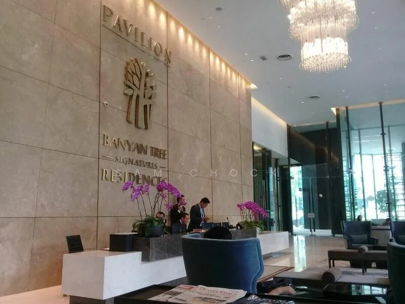Lobby features: marble flooring, high ceiling with chandelier, large glass windows, reception desk, sofa seating, decorative wall with stone cladding, indoor plants, purple orchids, modern lighting fixtures, artwork on wall; style: modern; view: city.