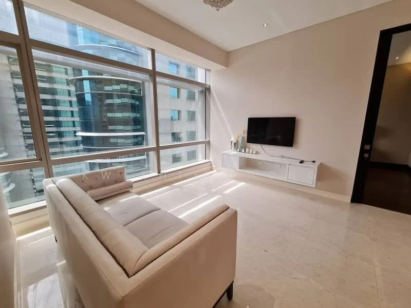 Living features: white leather sofa, marble flooring, floor-to-ceiling windows, TV console, wall-mounted TV, decorative items on console, natural light from windows, neutral wall color, chandelier, city view; style: modern; view: city.