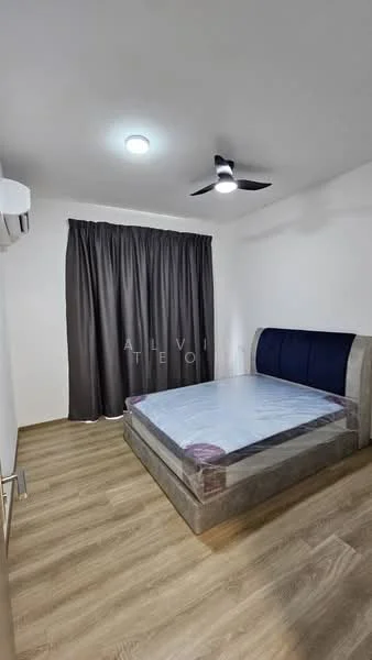 Bedroom features: queen-size bed, upholstered headboard, wooden flooring, grey curtains, ceiling fan, wall-mounted split AC, decorative wall, light fixture; style: modern.