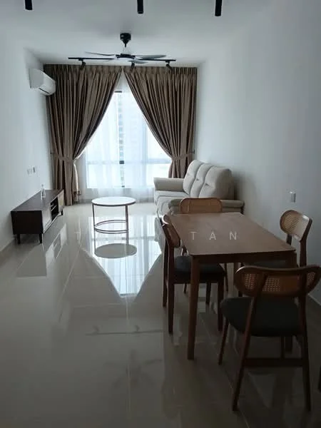 Living features: cream fabric sofa, coffee table, 6-seater dining table, 4 dining chairs, floor-to-ceiling windows, sheer curtains, wall-mounted TV console, 1 wall-mounted split AC, polished tile flooring, recessed downlights, ceiling fan with light; style: modern; view: city.