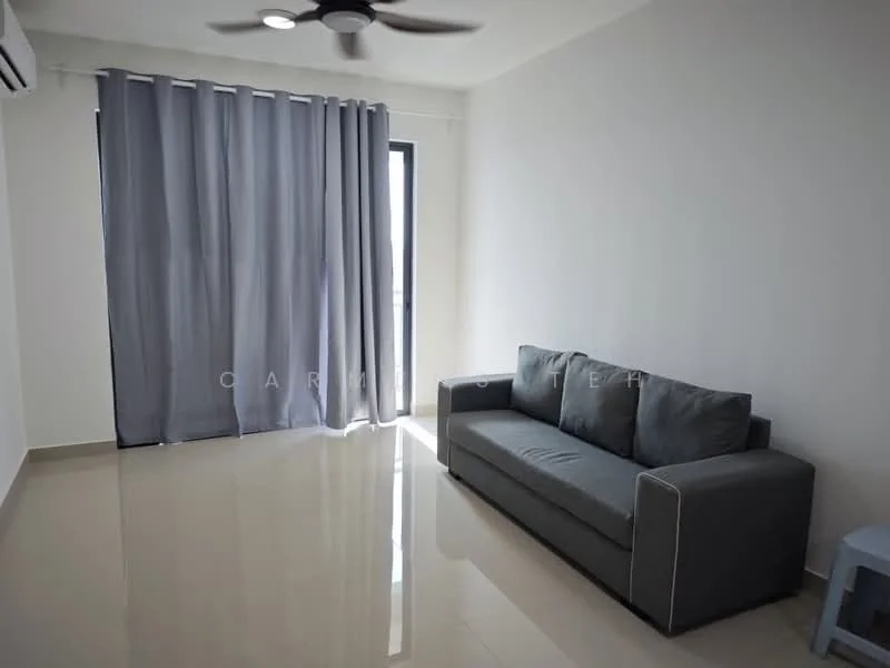 Living features: grey fabric sofa, 5-blade ceiling fan, floor-to-ceiling window, grey curtains, white painted walls, glossy tile flooring, natural light from window, minimalist decor; style: modern.