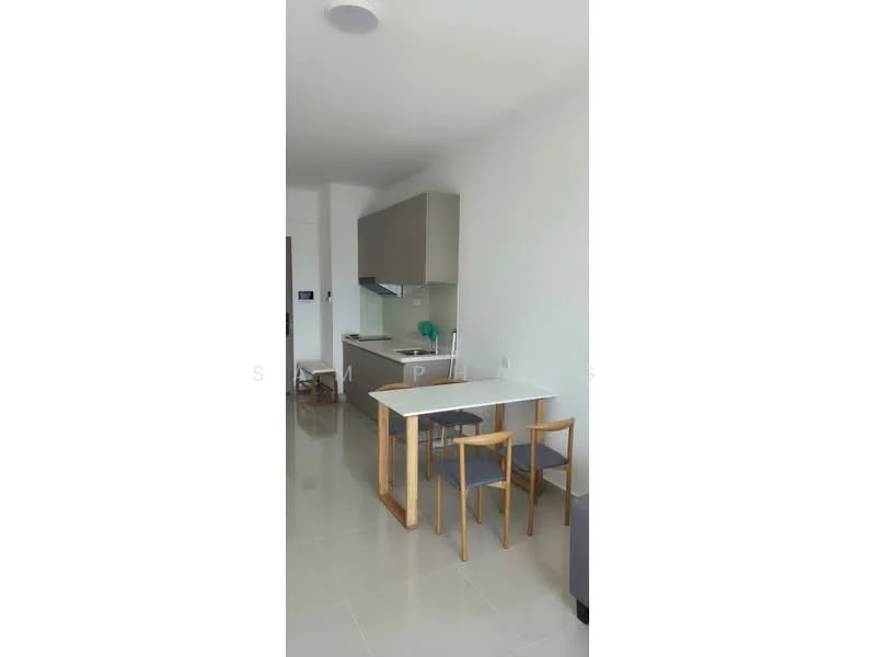 Kitchen features: white walls, glossy tile flooring, modern cabinetry in light grey, kitchen island with white countertop, stainless-steel sink, built-in stove, exhaust hood, refrigerator, dining table with wooden legs, four wooden chairs, pendant lighting, open layout; style: modern.