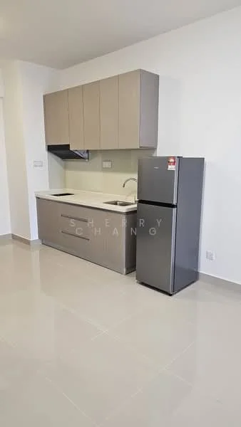 Kitchen features: grey flat-panel cabinets, white countertop, single-bowl stainless-steel sink, chrome pull-down faucet, built-in range hood, stainless-steel fridge, ceramic tile flooring, white painted walls, recessed downlights; style: modern.