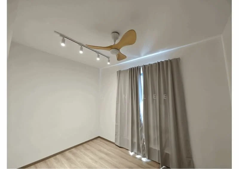 Room features: white painted walls, wooden flooring, 5-blade ceiling fan with light, curtains in light grey, window with natural light; style: modern.