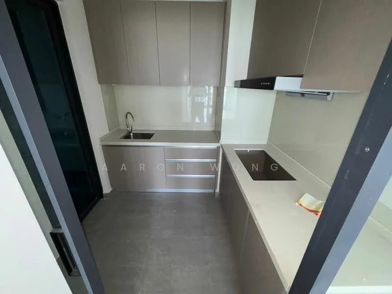 Kitchen features: single-bowl stainless-steel sink, chrome pull-down faucet, laminate countertop, grey cabinetry, built-in oven, induction hob, wall-mounted range hood, grey tile flooring, white backsplash, drawer storage, open shelving, floor-to-ceiling windows, sliding glass door; style: modern.