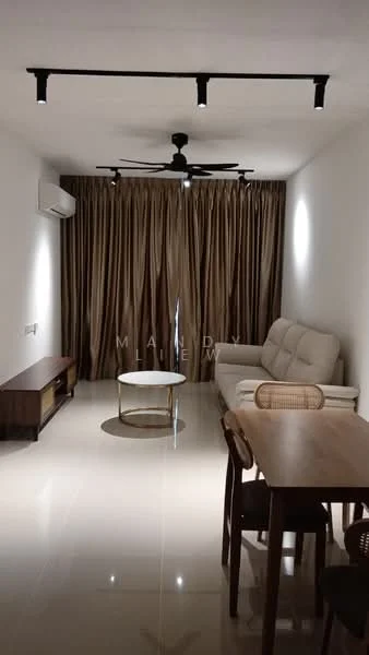 Living features: 3-seater fabric sofa in cream, coffee table with round top, TV console in wood, dining table with 4 chairs, wall-mounted split AC, 5-blade ceiling fan with light, recessed LED downlights, curtains in beige, glossy tile flooring, wall with white painted finish; style: modern.