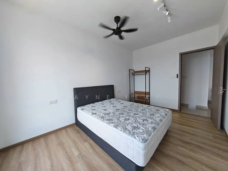 Bedroom features: queen-size bed, upholstered headboard, wooden flooring, 5-blade ceiling fan, track lighting, white painted walls, open shelving unit, window with natural light; style: modern.