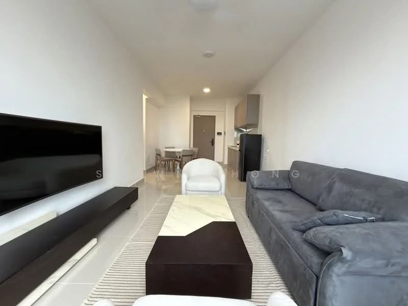 Living features: grey fabric sofa, white accent chair, coffee table with marble top, TV console, wall-mounted TV, area rug, recessed ceiling lights, tile flooring, neutral painted walls; style: modern.