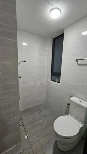 Bathroom features: grey ceramic tile flooring, white tiled walls, walk-in shower with glass enclosure, rain shower head, handheld shower, chrome basin mixer, one-piece toilet, wall-mounted towel rail, recessed LED downlights, window for natural light; style: modern.