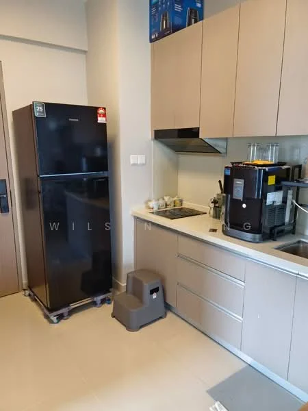 Kitchen features: black fridge, built-in oven, stainless-steel range hood, 4-burner gas hob, laminate cabinetry in light beige, countertop with sink, coffee machine, kitchen step stool, tile flooring, wall-mounted cabinets, kitchen utensils on countertop; style: modern.