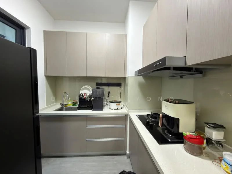 Kitchen features: light grey cabinetry, white quartz countertop, stainless-steel sink, chrome pull-down faucet, built-in oven, freestanding gas range oven, black refrigerator, black coffee machine, white kettle, glass backsplash, recessed downlights, tile flooring, open shelving, decorative jars; style: modern.
