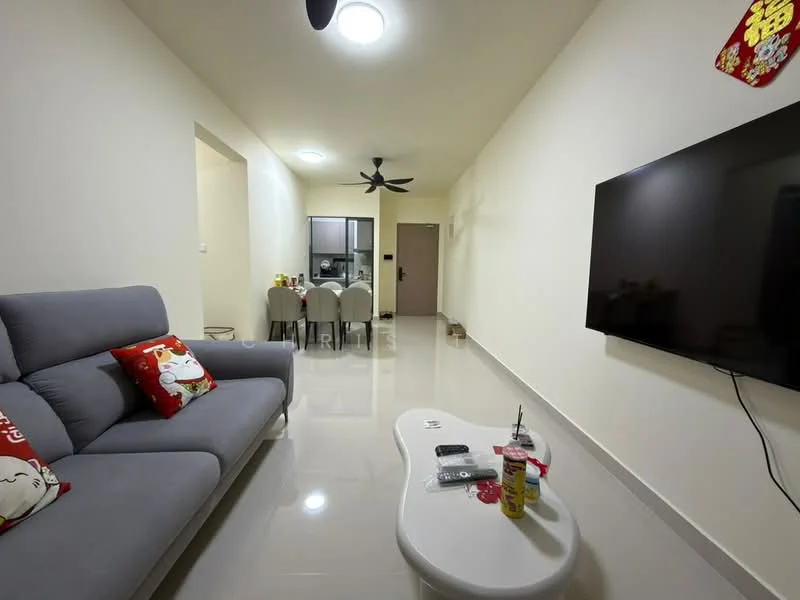 Living features: grey fabric sofa, 2-seater sofa, decorative cushions with cartoon characters, white coffee table, wall-mounted TV, recessed ceiling lights, 5-blade ceiling fan, glossy tile flooring, cream painted walls, dining area visible in background, open layout; style: modern.