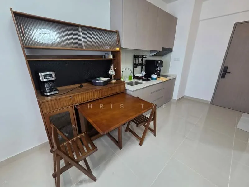 Kitchen features: brown wooden table, two wooden chairs, built-in cabinetry in light grey, black countertop, coffee machine, sink, kitchen faucet, microwave, stainless-steel appliances, white tiled backsplash, white ceramic tile flooring, recessed lighting; style: modern.