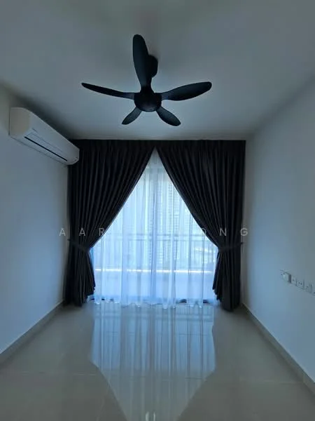 Room features: white painted walls, glossy tile flooring, 5-blade ceiling fan, floor-to-ceiling windows, sheer curtains, blackout curtains, wall-mounted split AC; style: modern.