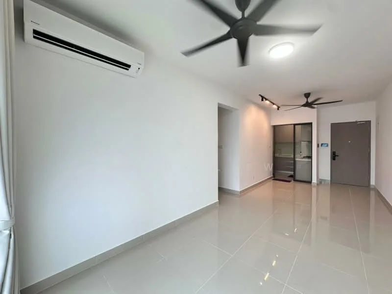 Room features: white painted walls, glossy ceramic tile flooring, 1 wall-mounted split AC, 5-blade ceiling fan with light, recessed LED downlights, door with security lock, floor-to-ceiling windows, curtains, neutral color scheme; style: modern.