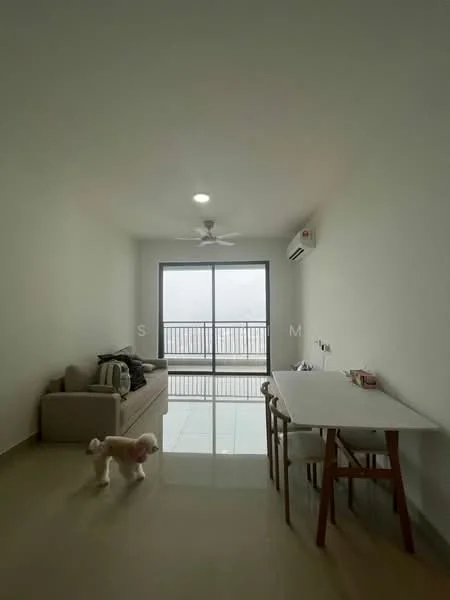 Living features: cream painted walls, polished tile flooring, 5-blade ceiling fan with light, floor-to-ceiling windows, sliding glass door, sofa in beige, dining table with chairs, air conditioning unit; style: modern; view: city.