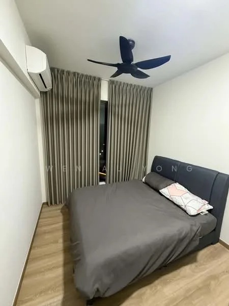 Bedroom features: queen-size bed with grey bedding, upholstered headboard, floor-to-ceiling window, dark curtains, wooden flooring, 5-blade ceiling fan, wall-mounted split AC, decorative pillows; style: modern.