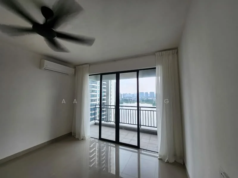 Living features: 5-blade ceiling fan, wall-mounted split AC, floor-to-ceiling sliding glass door, white painted walls, glossy ceramic tile flooring, sheer curtains, balcony access, city skyline view; style: modern; view: city.