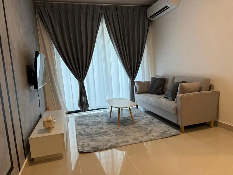 Living features: grey fabric 3-seater sofa, white coffee table, wall-mounted TV, light grey area rug, floor-to-ceiling windows, sheer curtains, dark grey curtains, wall-mounted split AC, glossy tile flooring, decorative wall with vertical stripes; style: modern.