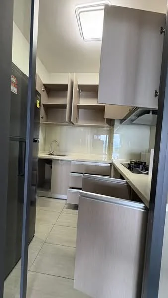 Kitchen features: light wood cabinetry, open shelving, white countertop, built-in stove, built-in oven, stainless-steel fridge, grey tile flooring, single-bowl stainless-steel sink, chrome faucet, recessed ceiling lights; style: modern.