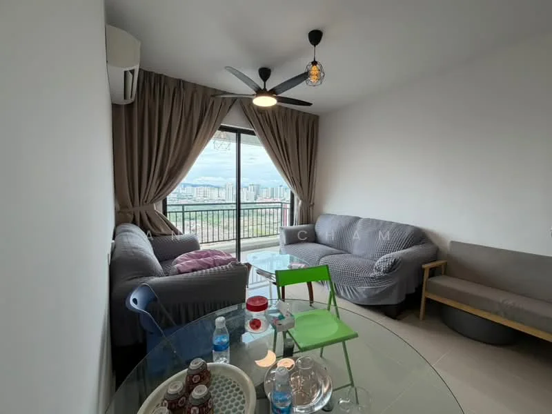 Living features: 2-seater fabric sofa in grey, 3-seater fabric sofa in grey, ceiling fan with 3 blades, floor-to-ceiling windows, curtains in brown, glass dining table, green plastic chair, decorative wall art, tile flooring, air conditioning unit; style: modern; view: city.