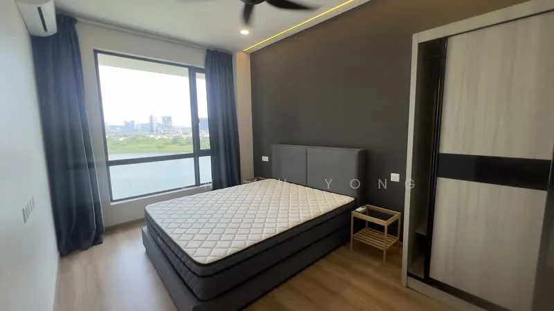 Bedroom features: queen-size bed frame without mattress, floor-to-ceiling window, city view, grey accent wall, light wood flooring, built-in wardrobe with sliding doors, nightstand, wall-mounted air conditioning unit, curtains, recessed lighting; style: modern; view: city.