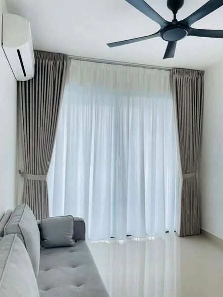 Living features: 5-blade ceiling fan with light, wall-mounted split AC, floor-to-ceiling windows, sheer curtains, grey fabric sofa, glossy tile flooring, light-colored walls, decorative throw pillows; style: modern.