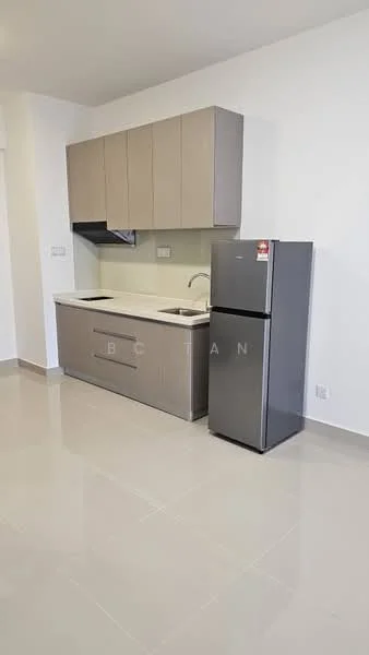 Kitchen features: light grey cabinetry, white countertop, single-bowl stainless-steel sink, chrome pull-down faucet, built-in range hood, stainless-steel fridge, ceramic tile flooring, white painted walls, recessed downlights; style: modern.