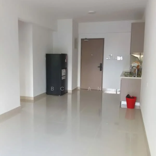 Room features: white painted walls, glossy ceramic tile flooring, refrigerator, kitchen cabinetry, kitchen countertop, sink, door, light fixture; style: modern.