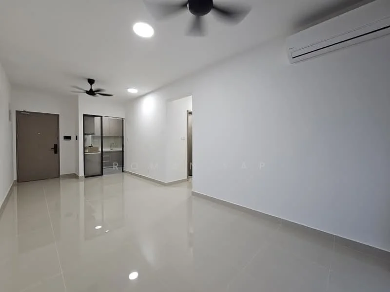 Living features: white painted walls, glossy tile flooring, recessed downlights, 5-blade ceiling fan, wall-mounted split AC, open layout, door leading to hallway, glass door leading to kitchen area; style: modern.