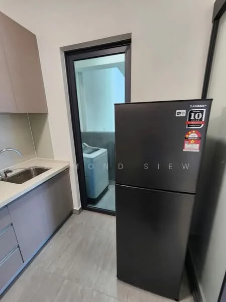 Kitchen features: single-bowl stainless-steel sink, chrome pull-down faucet, grey cabinetry, light-colored countertop, black fridge, tile flooring, window with view to laundry area, built-in cabinetry; style: modern.