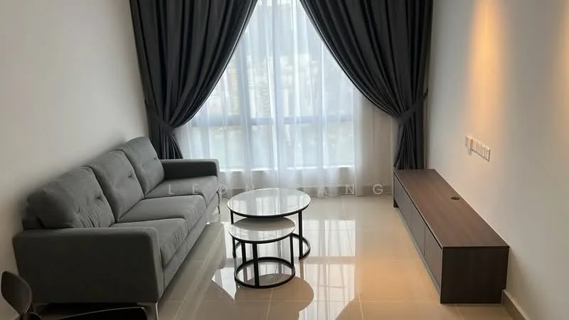 Living features: grey fabric 3-seater sofa, round coffee table with black metal frame, wooden TV console, floor-to-ceiling windows, sheer curtains, dark grey curtains, glossy tile flooring, wall-mounted power outlets; style: modern; view: city.