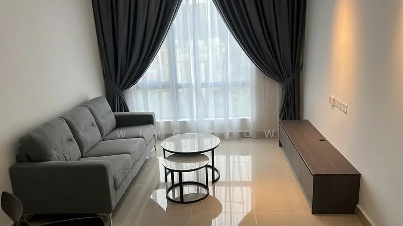 Living features: 3-seater fabric sofa in grey, round coffee table with black metal frame, TV console in dark wood, floor-to-ceiling windows, sheer curtains, grey wall, glossy tile flooring, decorative wall lighting; style: modern; view: city.