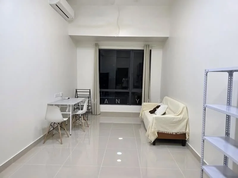 Living features: white painted walls, glossy tile flooring, floor-to-ceiling windows, sheer curtains, 3-seater sofa, dining table for 4 with white chairs, air conditioning unit on wall, light fixtures in ceiling, open shelving unit; style: modern.