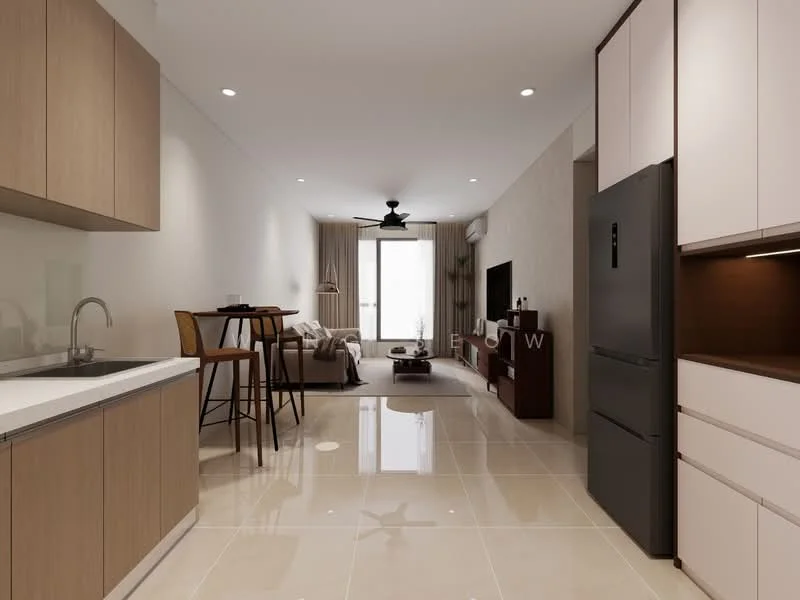 Kitchen features: single-bowl stainless-steel sink, chrome pull-down faucet, white cabinetry, laminate countertop, built-in refrigerator, ceramic tile flooring, recessed downlights; style: modern. Living features: 3-seater fabric sofa in beige, coffee table, TV console, wall-mounted TV, area rug, ceiling fan with light, large window with sheer curtains, decorative wall paneling; style: modern.