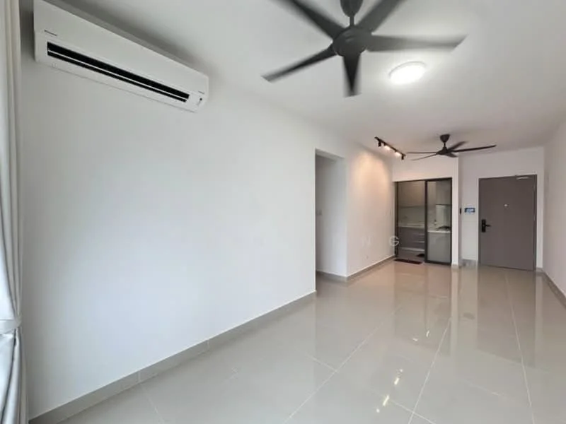 Living features: white painted walls, glossy ceramic tile flooring, 2 ceiling fans, 1 wall-mounted split AC, recessed LED downlights, doorway to bathroom, doorway to hallway; style: modern.