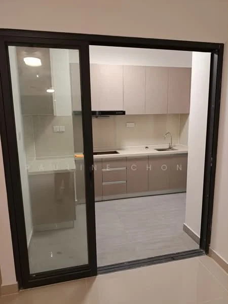 Kitchen features: light grey cabinetry, white countertop, single-bowl stainless-steel sink, chrome pull-down faucet, built-in oven, stainless-steel range hood, 4-burner gas hob, tile backsplash, grey tile flooring, recessed downlights, sliding glass door, open layout; style: modern.