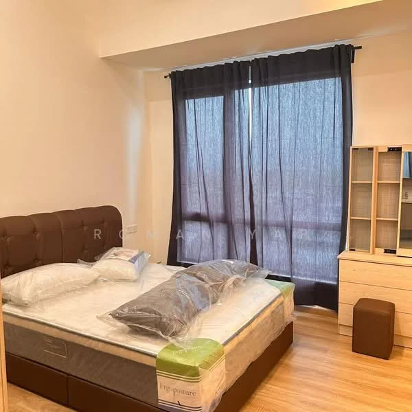 Bedroom features: king-size bed with upholstered headboard, brown leather headboard, white bedding, two grey decorative pillows, wooden bedside table, large window with sheer curtains, light wood flooring, built-in wardrobe with glass doors, small brown ottoman; style: modern.