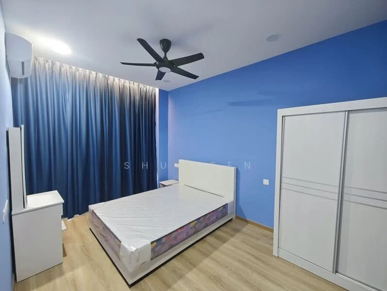 Bedroom features: blue painted walls, wooden flooring, 5-blade ceiling fan, floor-to-ceiling curtains, double wardrobe with sliding doors, white bedside table, unmade bed with mattress, recessed ceiling lights; style: modern.