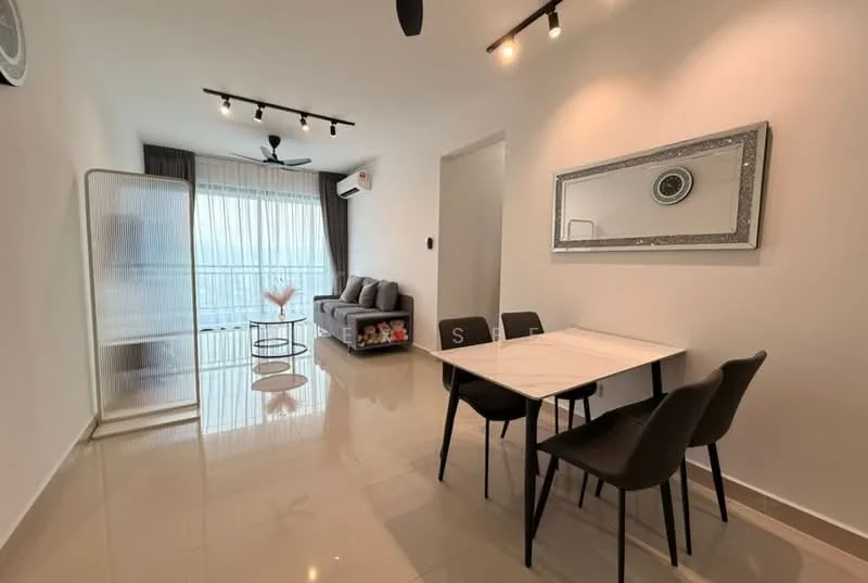 Living features: 3-seater grey fabric sofa, coffee table, floor-to-ceiling windows, white sheer curtains, recessed LED downlights, ceiling fan, polished tile flooring, decorative mirror, wall-mounted air conditioning unit; style: modern; view: city. Dining features: 4-seater white dining table, black dining chairs, decorative vase on table; style: modern.