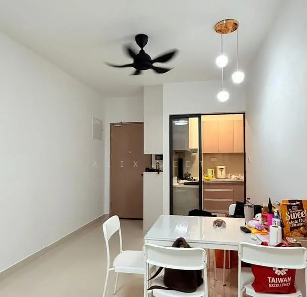 Dining features: white walls, light-colored tiled flooring, 5-blade ceiling fan with light, round dining table, 4 white dining chairs, pendant lighting with three bulbs, open layout to kitchen, kitchen visible in background; style: modern.