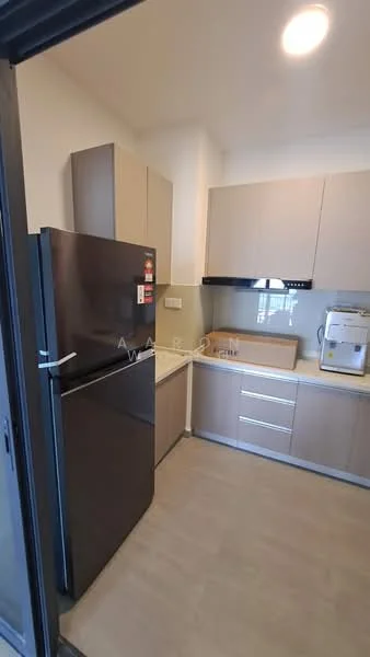 Kitchen features: black stainless-steel fridge, light grey cabinetry, white countertop, built-in oven, stainless-steel sink, chrome pull-down faucet, ceramic tile flooring, recessed downlights; style: modern.