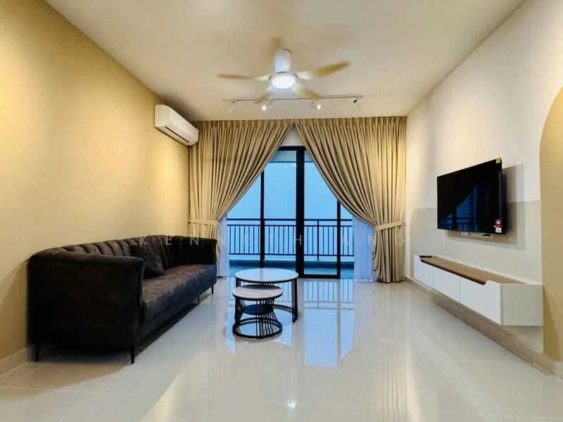 Living features: 3-seater fabric sofa in dark grey, round coffee table with metal base, wall-mounted TV, white TV console, floor-to-ceiling windows, sheer curtains, recessed downlights, 5-blade ceiling fan with light, glossy tile flooring, cream painted walls, balcony view; style: modern.