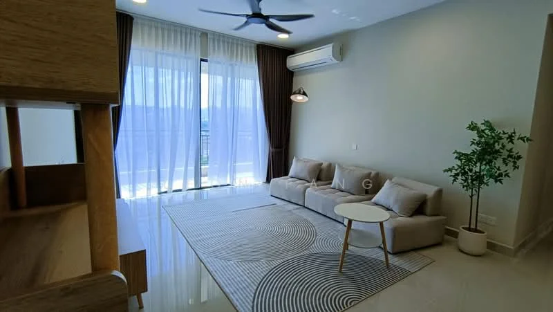 Living features: 3-seater fabric sofa in light beige, round coffee table with white top, area rug with circular pattern, floor-to-ceiling windows, sheer curtains, dark brown curtain drapes, ceiling fan with light, wall-mounted air conditioning unit, decorative indoor plant in ceramic pot, light grey painted walls, polished tile flooring; style: modern; view: city.
