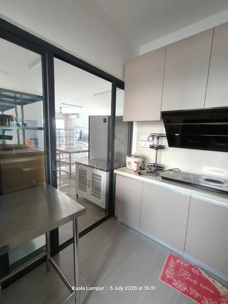 Kitchen features: stainless-steel sink, chrome pull-down faucet, granite countertop, white cabinetry, built-in oven, freestanding range oven, microwave, refrigerator, tile backsplash, open shelving, kitchen island, pendant lighting, floor-to-ceiling windows, grey tile flooring; style: modern; view: city.