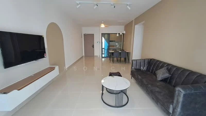 Living features: grey velvet sofa, round coffee table with black metal base, wall-mounted TV, white TV console, recessed ceiling lights, cream painted walls, glossy tile flooring, ceiling fan with light, arched doorway, dining area visible in background; style: modern.