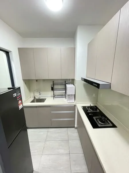 Kitchen features: light wood cabinetry, white countertop, stainless-steel sink, chrome pull-down faucet, built-in gas hob with 2 burners, exhaust hood, black fridge, tile flooring, wall-mounted shelving unit, glass backsplash, recessed ceiling lights; style: modern.