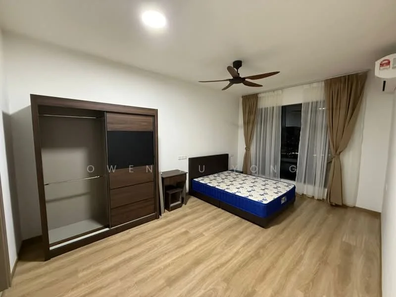 Bedroom features: wooden flooring, white painted walls, 5-blade ceiling fan, floor-to-ceiling window with sheer curtains, queen-size bed with blue patterned mattress, built-in wardrobe with sliding doors, nightstand, air conditioning unit; style: modern; view: city.